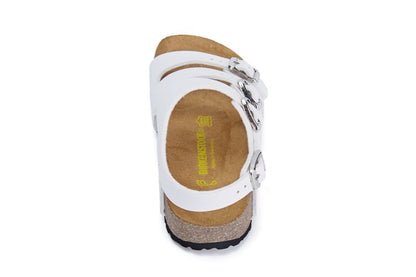 Birkenstock Ellice Three-Button White Matte Leather Strappy Sandals