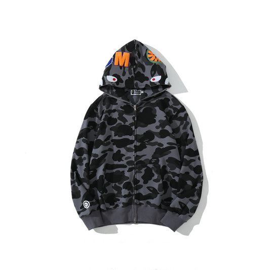 A Bathing Ape Shark Head Classic Fur Hoodie Gray