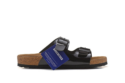 Birkenstock Two-Button Black Patent Leather Slippers