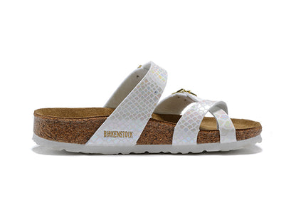 Birkenstock White Snakeskin Double Buckle Toe-Loop Leather Sandals