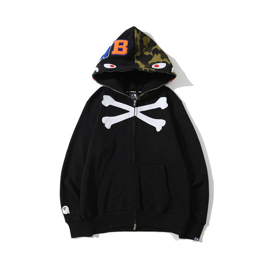 A Bathing Ape BAPE Shark Head Skull Head Joint Edition Camouflage Matching Color Hoodie Black And Green