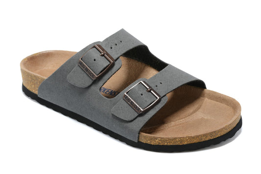 Birkenstock Two-Button Gray Scrub Leather Slippers