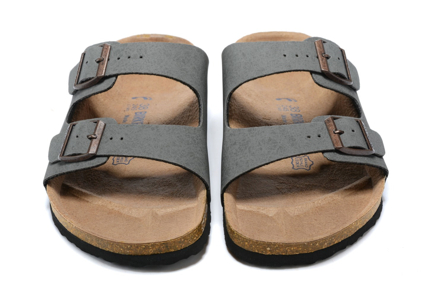 Birkenstock Two-Button Gray Scrub Leather Slippers