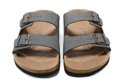 Birkenstock Two-Button Gray Scrub Leather Slippers