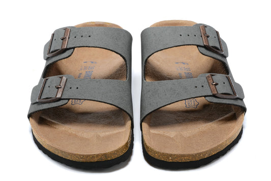 Birkenstock Two-Button Gray Scrub Leather Slippers