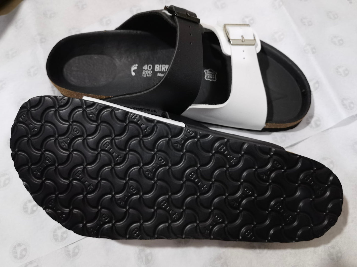 Birkenstock Two-Button Black White Dual Color Matte Leather Slippers