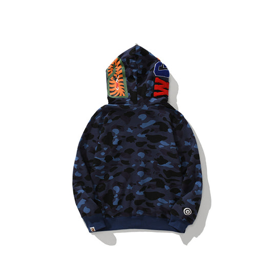 A Bathing Ape BAPE Shark Head Tiger Head Joint Edition Double Hat Camouflage Blue Hoodie