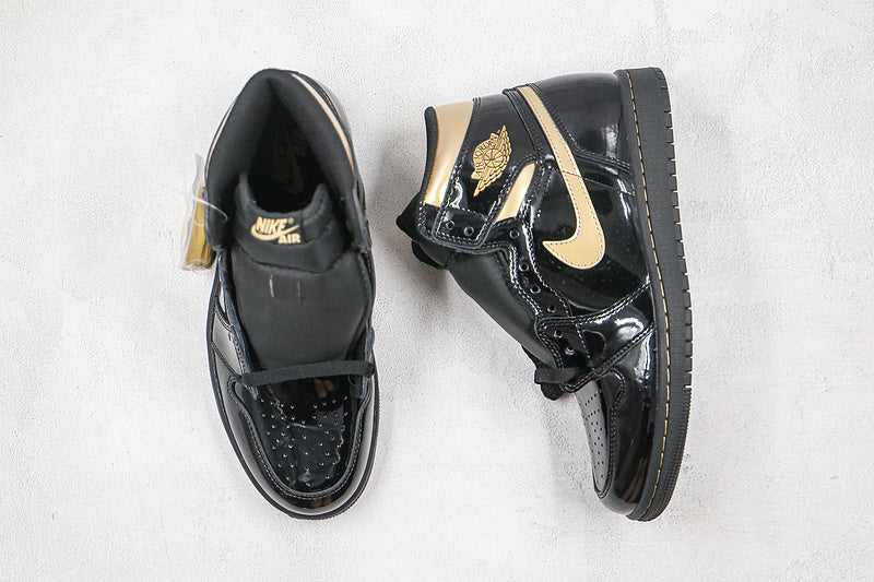 Nike Air Jordan 1 Retro High OG Black Metallic Gold Patent Leather Sneakers