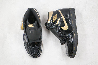 Nike Air Jordan 1 Retro High OG Black Metallic Gold Patent Leather Sneakers