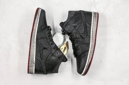 Nike Air Jordan 1 CLOT Mid Fearless Copper Coins Double-Deck Black Silk Tearable Version Sneakers