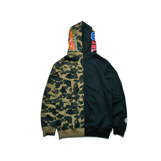A Bathing Ape BAPE Shark Head Splicing Camouflage Zipper Hoodie Black And Green