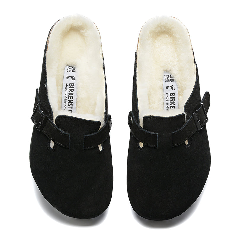 Birkenstock Black Suede White Shearling Lining Clog Shoes
