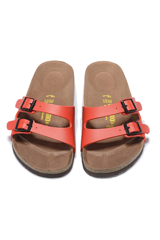 Birkenstock Two Buckle Thin Belt Red Matte Leather Slippers