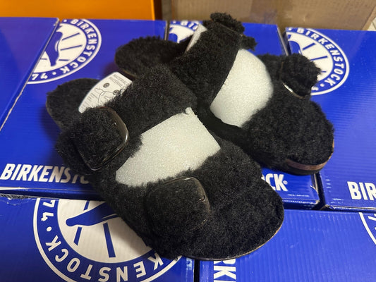 Birkenstock Two-Button Pure Black Wool Slippers