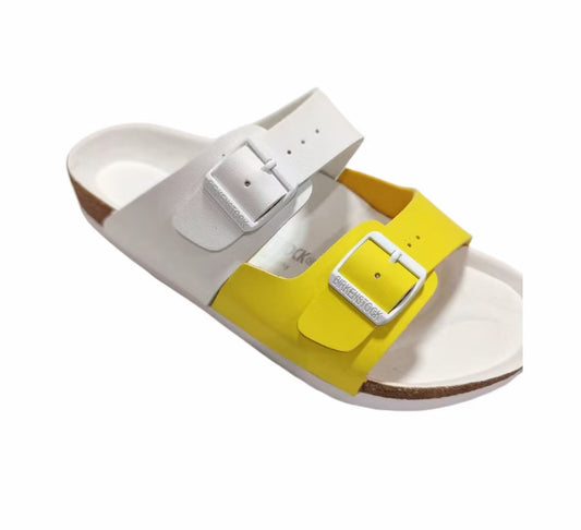 Birkenstock Two-Button White Yellow Double Color Scrub Leather Slippers