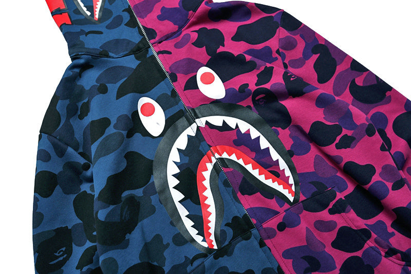 A Bathing Ape BAPE Shark Head Splicing Camouflage Zipper Hoodie Purple And Blue