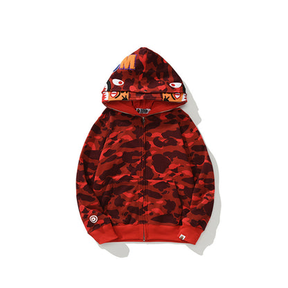 A Bathing Ape BAPE Shark Head Tiger Head Joint Edition Double Hat Camouflage Red Hoodie