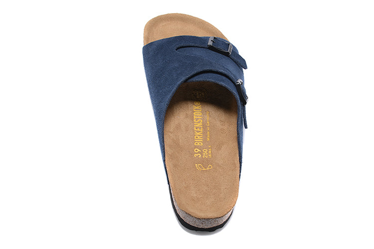 Birkenstock Two Buttons Navy Scrub Leather Fashion Slippers