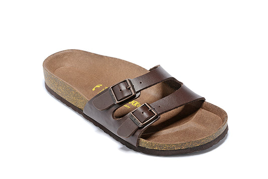 Birkenstock Two Buckle Thin Belt Brown Matte Leather Slippers