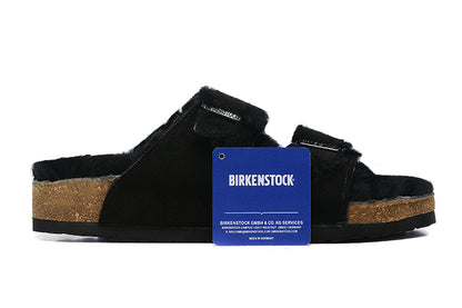 Birkenstock Two-Button Black Scrub Leather Black Fur Lining Slippers