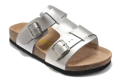 Birkenstock Two-Button Silver Snakeskin Personality Matte Leather Slippers