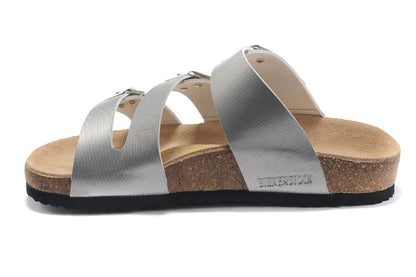 Birkenstock Three-Button Silver Matte Leather Sandals