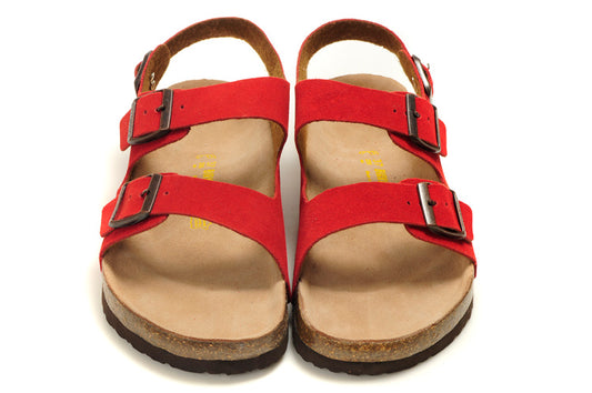 Birkenstock Two-Button Red Scrub Leather Sandals