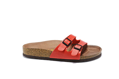 Birkenstock Two Buckle Thin Belt Red Matte Leather Slippers
