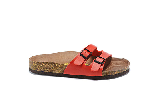 Birkenstock Two Buckle Thin Belt Red Matte Leather Slippers