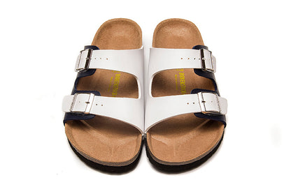 Birkenstock Two-Button White And Black Matte Leather Slippers