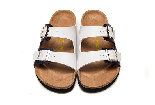 Birkenstock Two-Button White And Black Matte Leather Slippers