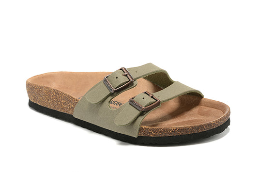 Birkenstock Two Buckle Thin Belt Grayish Green Scrub Leather Slippers