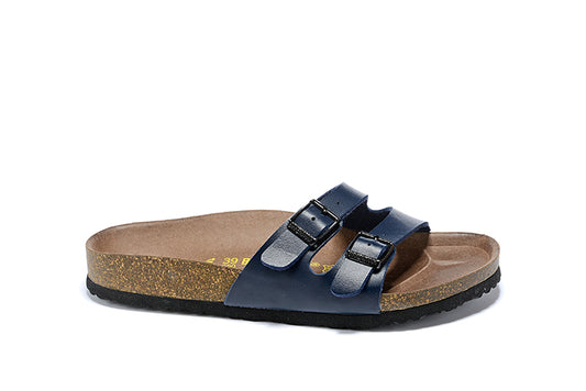 Birkenstock Two Buckle Thin Belt Navy Matte Leather Slippers