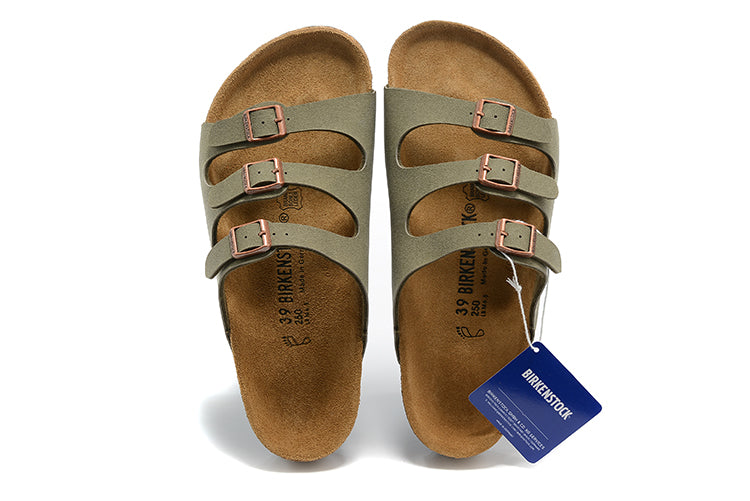 Birkenstock Three-Button Grayish Green Scrub Leather Casual Sandals