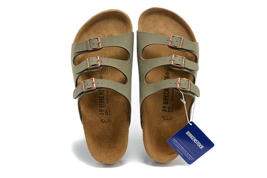 Birkenstock Three-Button Grayish Green Scrub Leather Casual Sandals