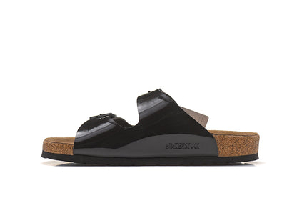 Birkenstock Two-Button Black Patent Leather Slippers