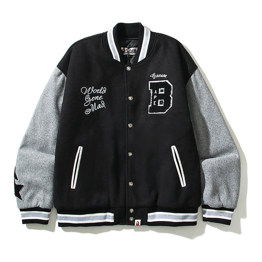 A Bathing Ape Embroidered STA Star Patchwork Tweed Jacket Baseball Jacket Black