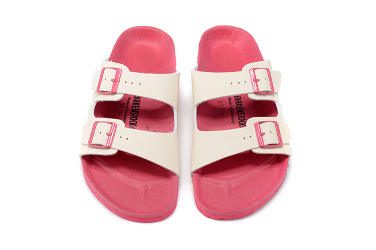 Birkenstock Two-Button White Matte Leather Pink Sole Slippers