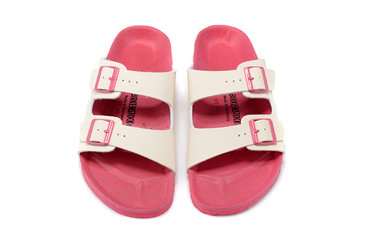 Birkenstock Two-Button White Matte Leather Pink Sole Slippers