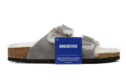 Birkenstock Two-Button Gray Scrub Leather White Fur Lining Slippers