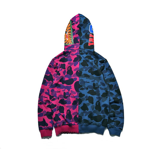 A Bathing Ape BAPE Shark Head Splicing Camouflage Zipper Hoodie Purple And Blue