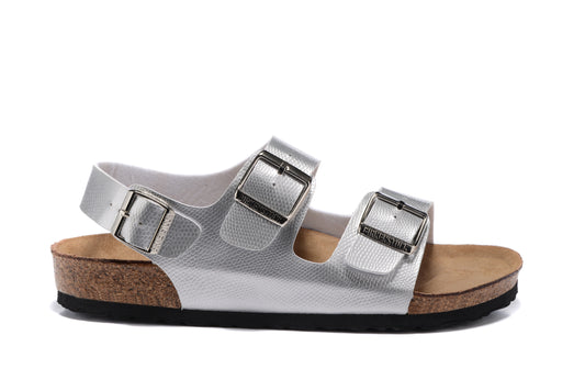 Birkenstock Silver Snakeskin Double Buckle Strap Sandal