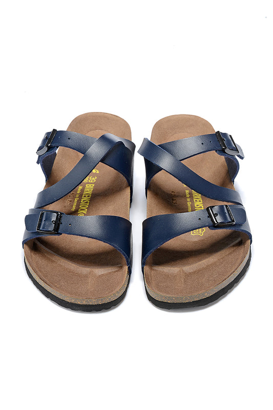 Birkenstock Two-Button Navy Matte Leather Intersect Black Sole Slippers