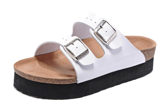Birkenstock Two-Button White Matte Leather Thick Black Sole Slippers