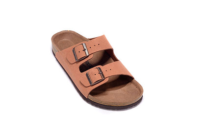 Birkenstock Two-Button Pinkish-Orange Scrub Leather Slippers