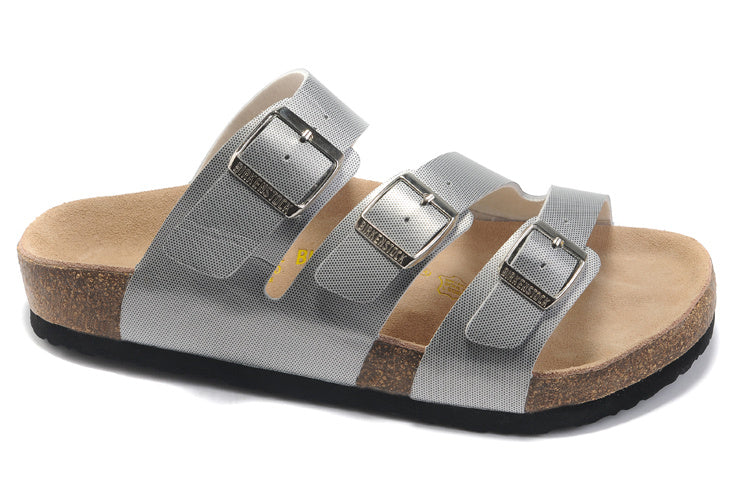 Birkenstock Three-Button Silver Matte Leather Sandals