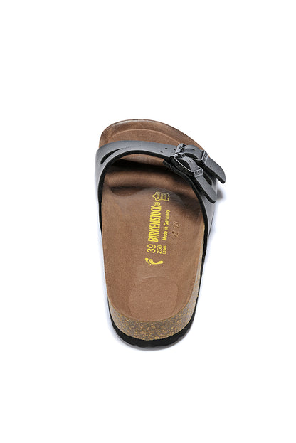 Birkenstock Two Buckle Thin Belt Black Matte Leather Black Sole Slippers