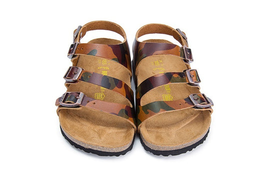 Birkenstock Ellice Three-Button Brown Camouflage Matte Leather Strappy Sandals