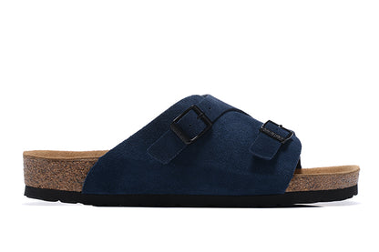 Birkenstock Two Buttons Navy Scrub Leather Fashion Slippers
