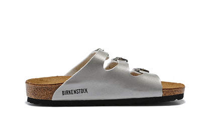 Birkenstock Florida Silver Three-Breasted Leather Sandals